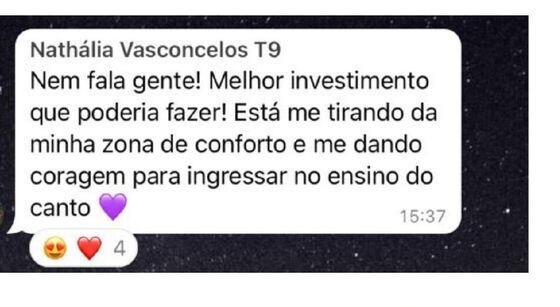 Depoimento de Nathália Vasconcelos: melhor investimento que poderia fazer, está me tirando da zona de conforto e me dando coragem para ingressar no ensino do canto