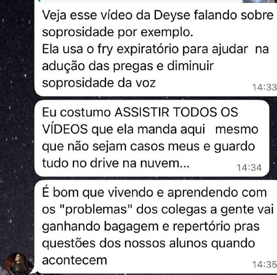 Mensagens da comunidade CPPV: veja esse vídeo da Deyse sobre soprosidade, eu costumo assistir todos os vídeos que ela manda aqui e guardo tudo no drive, é bom que vivendo e aprendendo com os problemas das colegas a gente vai ganhando bagagem e repertório